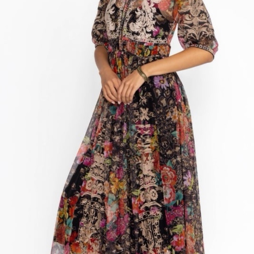 Johnny Was Black and Pink Floral Maxi Dress